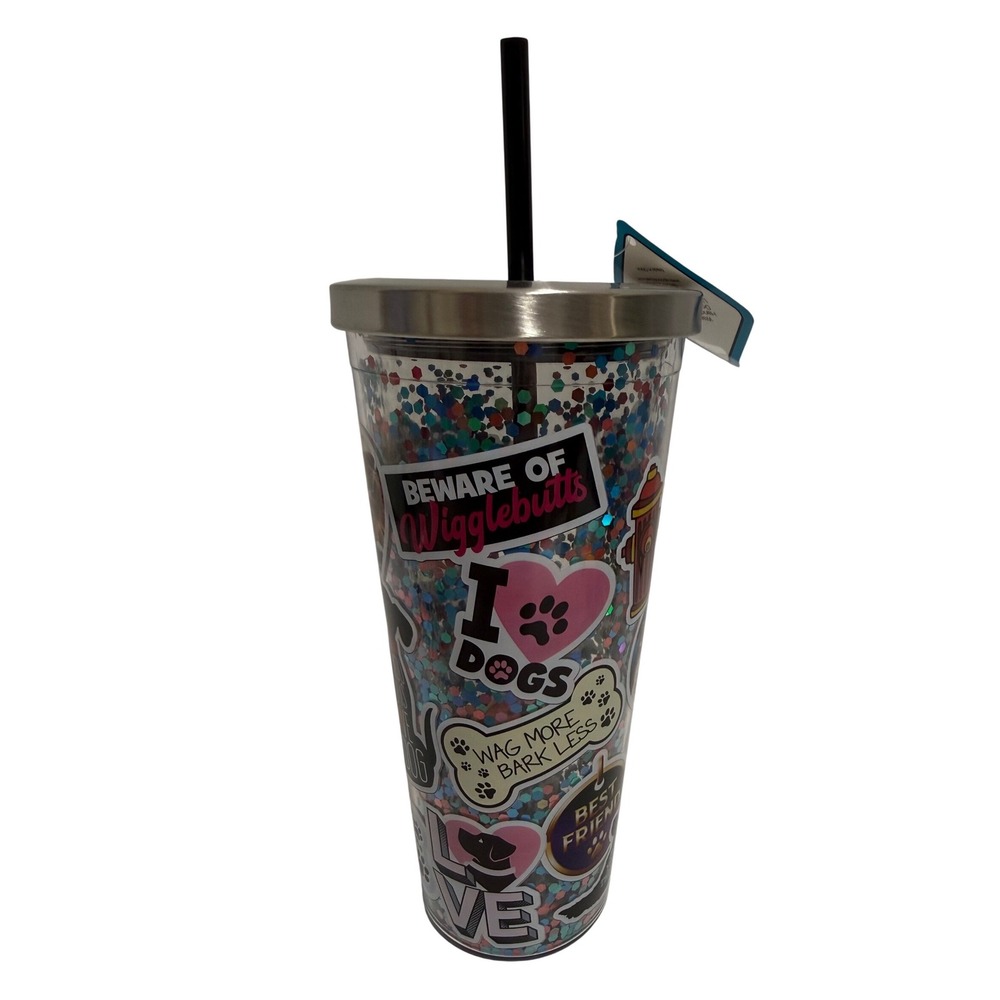 20 oz Insulated Cup with Straw Dog Lover Glitter Confetti Tumbler New with Tag